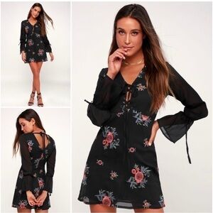 I. Madeline Black Floral Embroidered Lace Up Mini Dress Sheer Sleeves Size Small